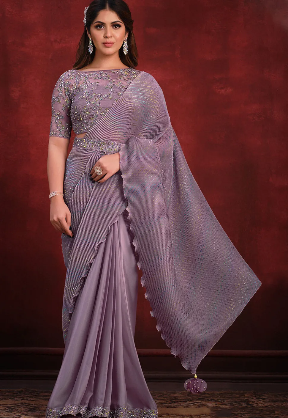 Pre Stitched Crepe Silk Accordian Saree in Purple