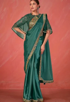 Pre Stitched Crepe Silk Saree in Green