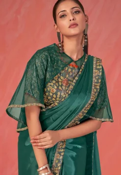 Pre Stitched Crepe Silk Saree in Green
