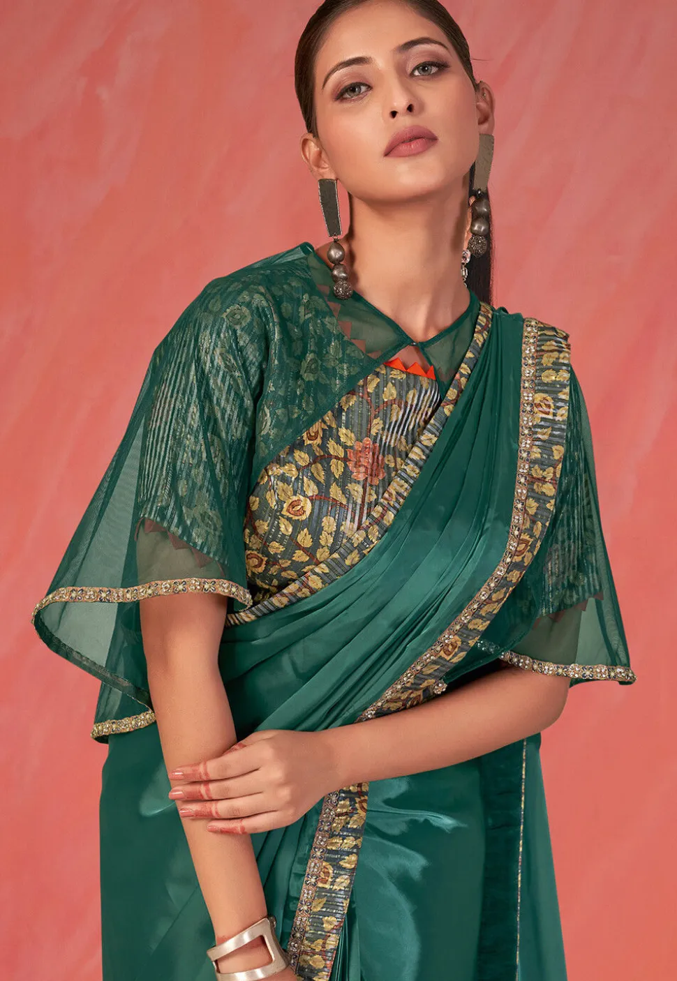 Pre Stitched Crepe Silk Saree in Green