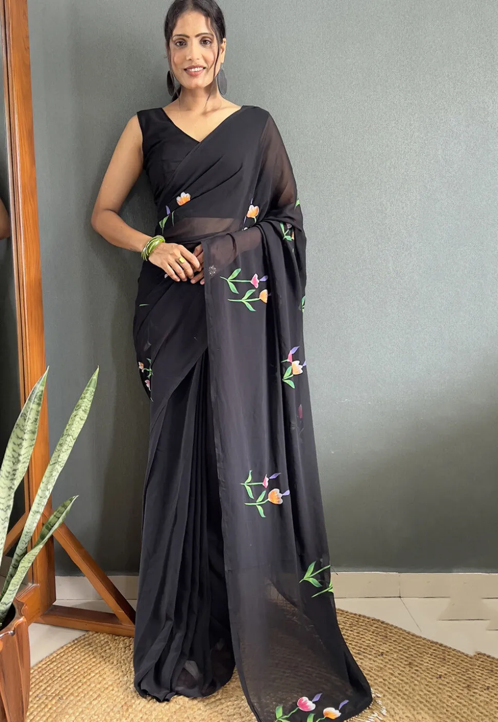 Pre Stitched Georgette Saree in Black