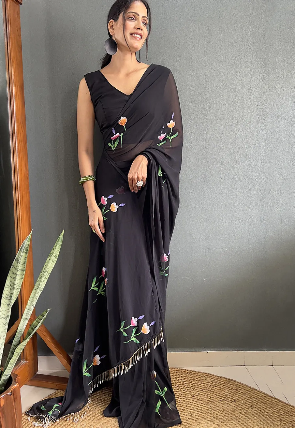 Pre Stitched Georgette Saree in Black