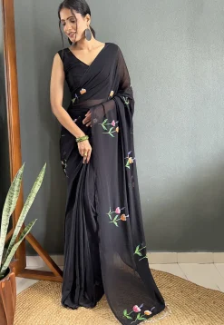 Pre Stitched Georgette Saree in Black