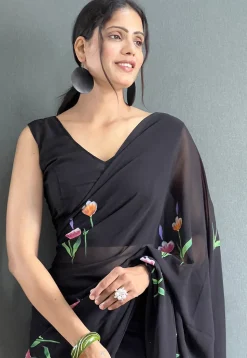 Pre Stitched Georgette Saree in Black