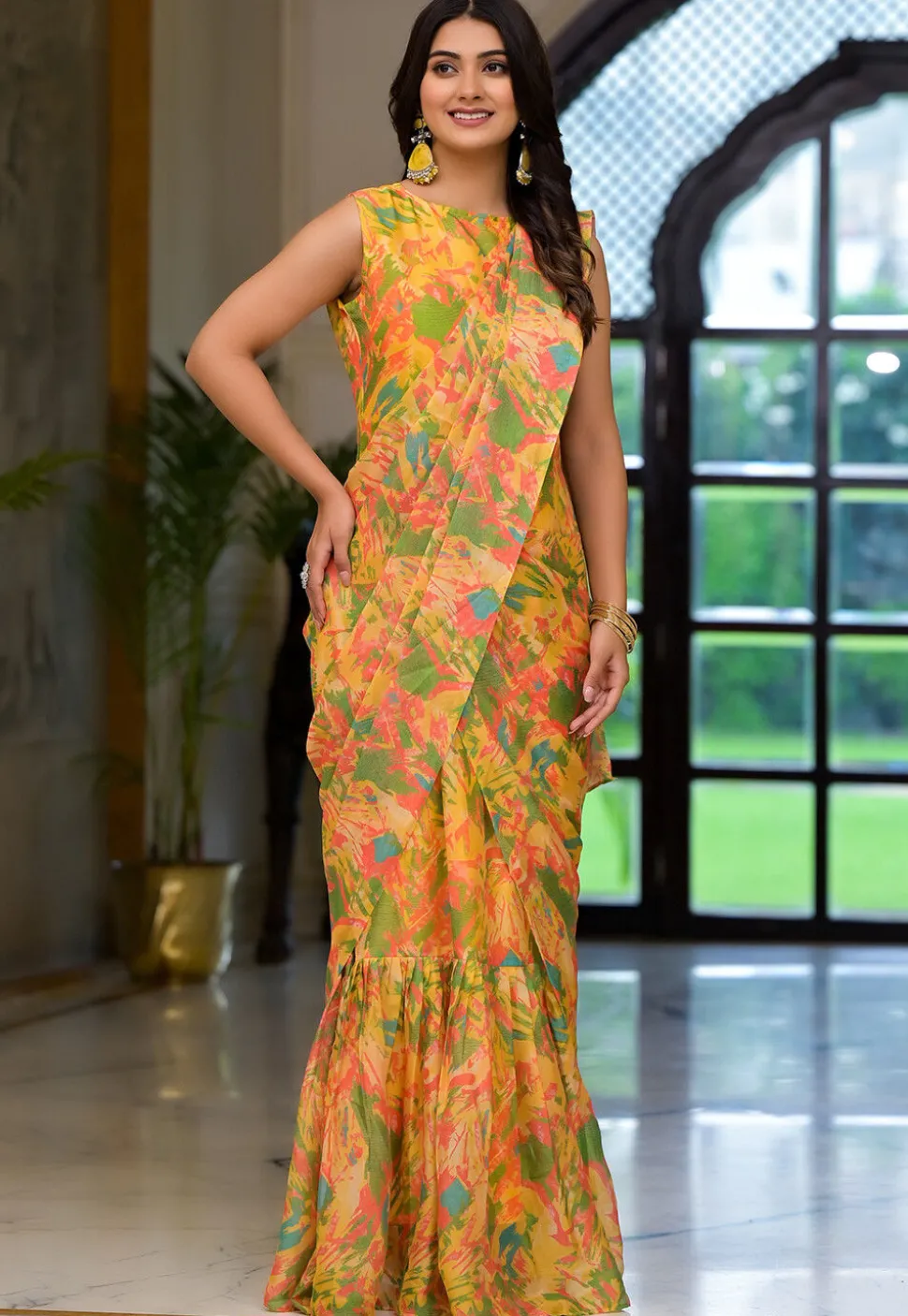 Pre Stitched Georgette Saree in Yellow
