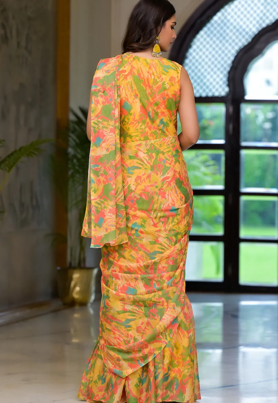 Pre Stitched Georgette Saree in Yellow