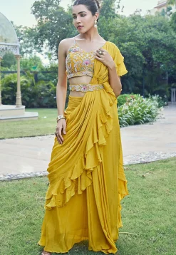 Pre Stitched Georgette Saree in Yellow