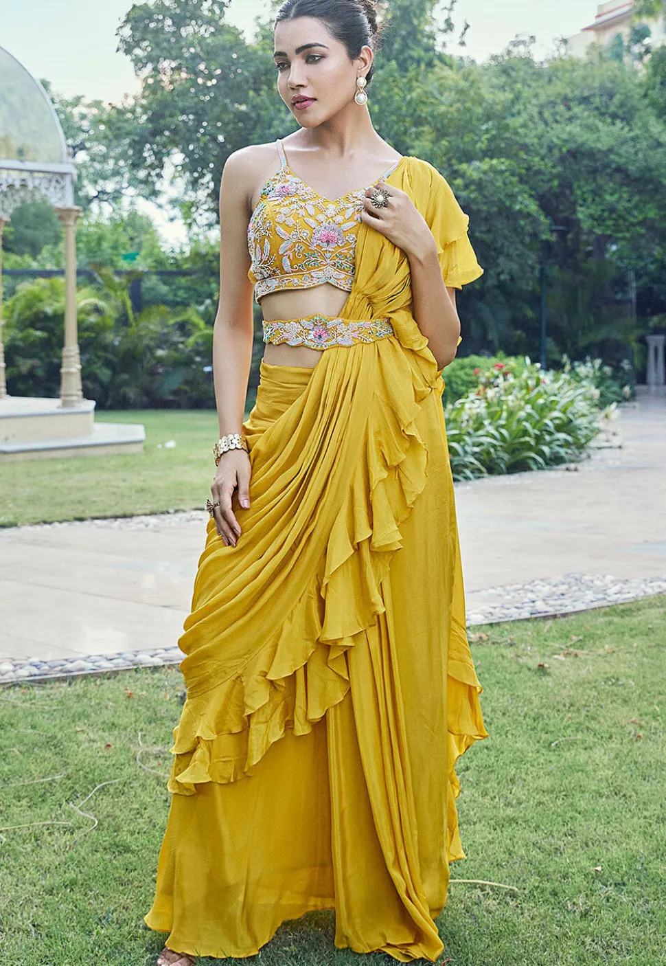 Pre Stitched Georgette Saree in Yellow