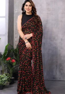 Pre Stitched Georgette Saree in Black
