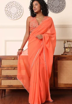 Pre Stitched Georgette Saree in Light Orange
