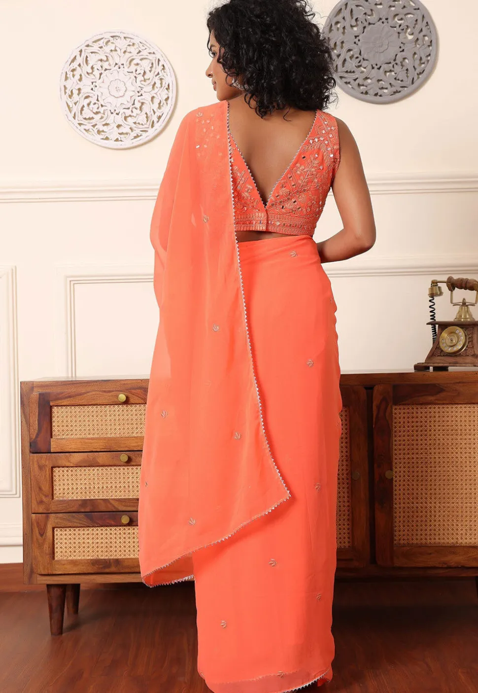 Pre Stitched Georgette Saree in Light Orange