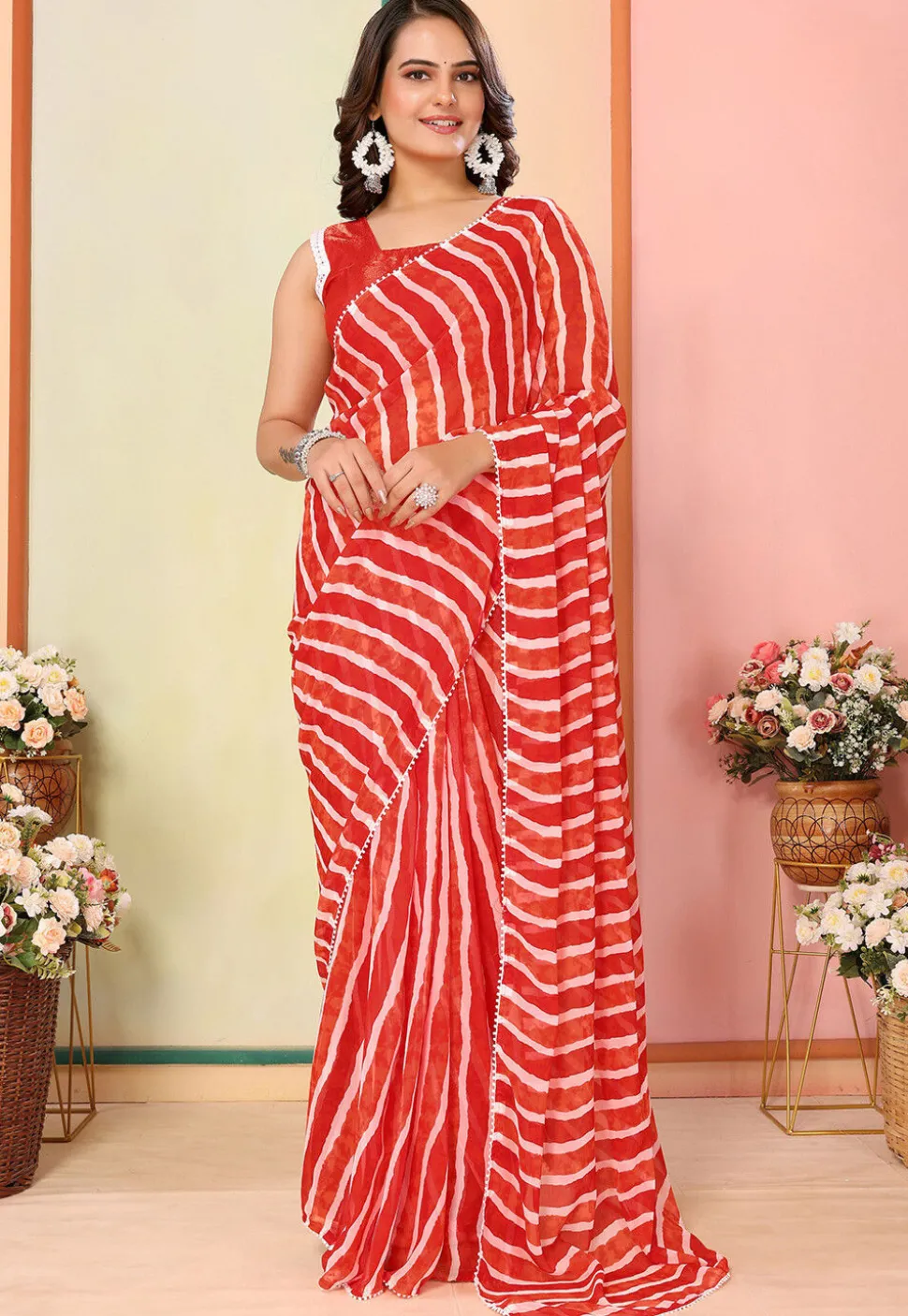 Pre Stitched Georgette Saree in Red