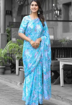 Pre Stitched Georgette Saree in Sky Blue