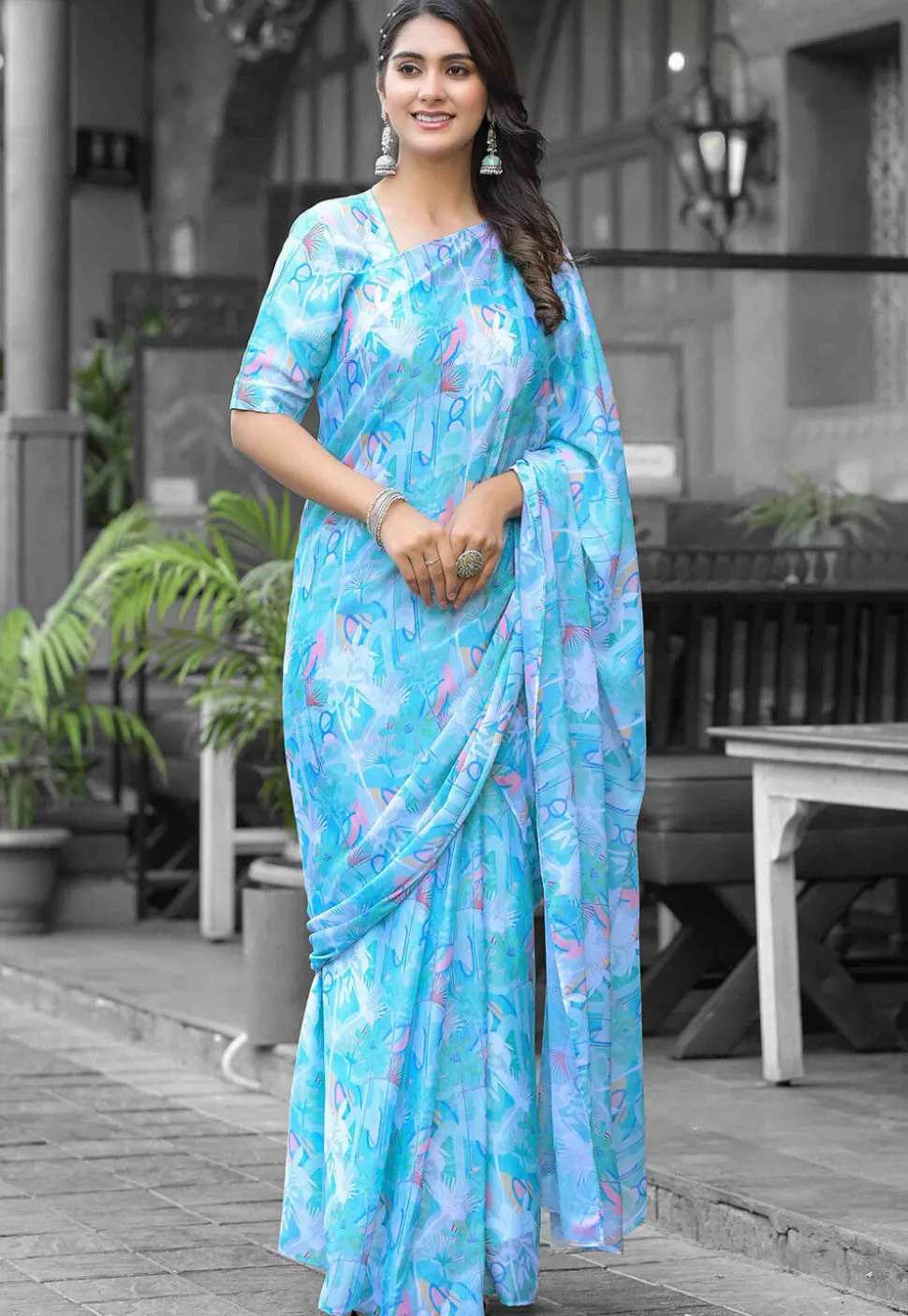 Pre Stitched Georgette Saree in Sky Blue