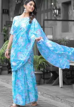 Pre Stitched Georgette Saree in Sky Blue