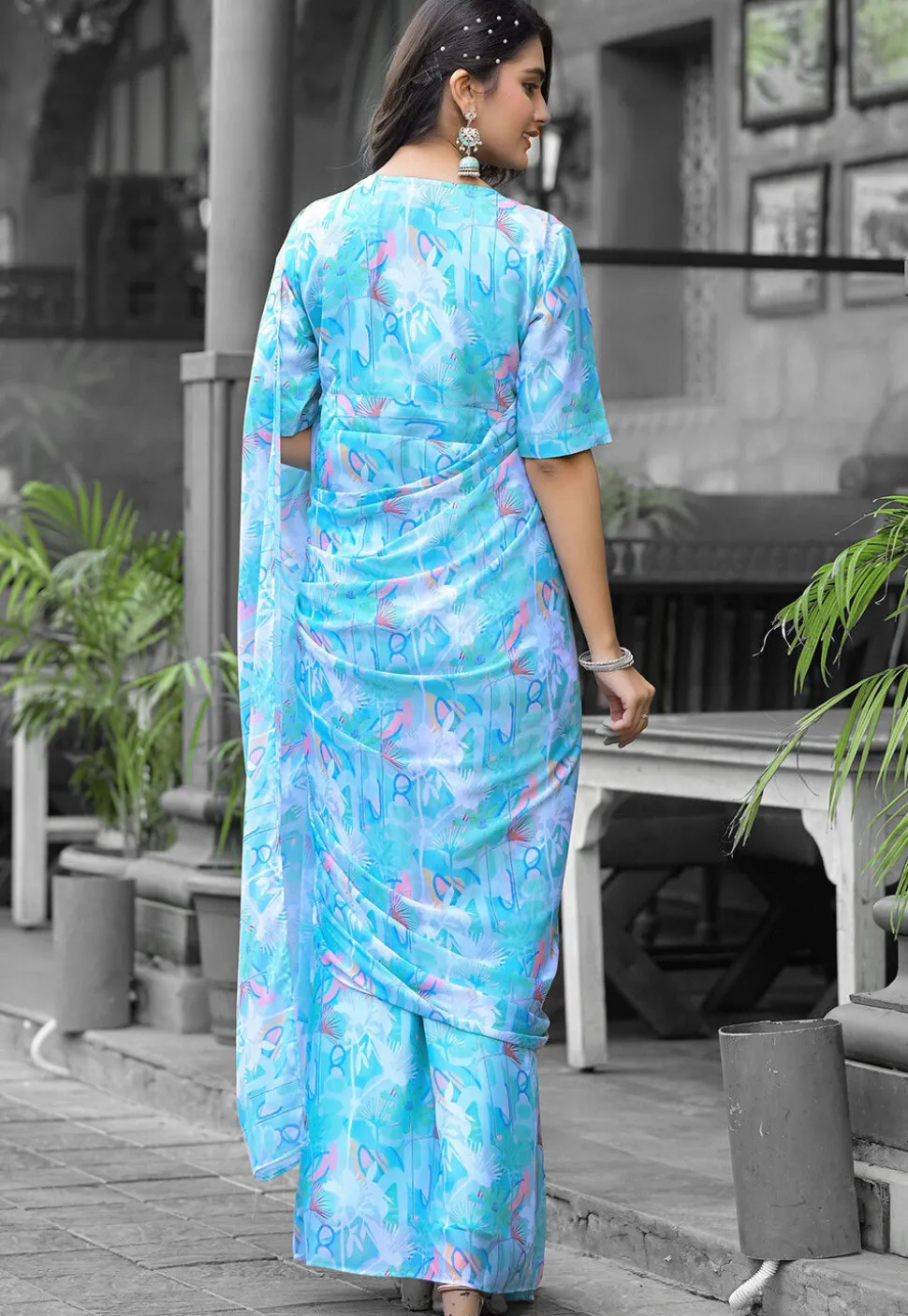 Pre Stitched Georgette Saree in Sky Blue