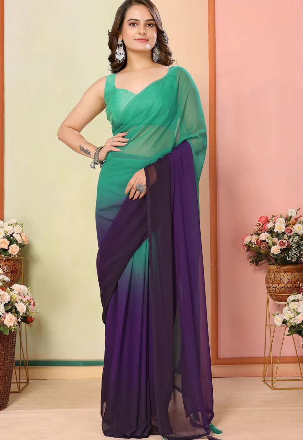 Pre Stitched Georgette Saree in Shaded Sea Green and Purple