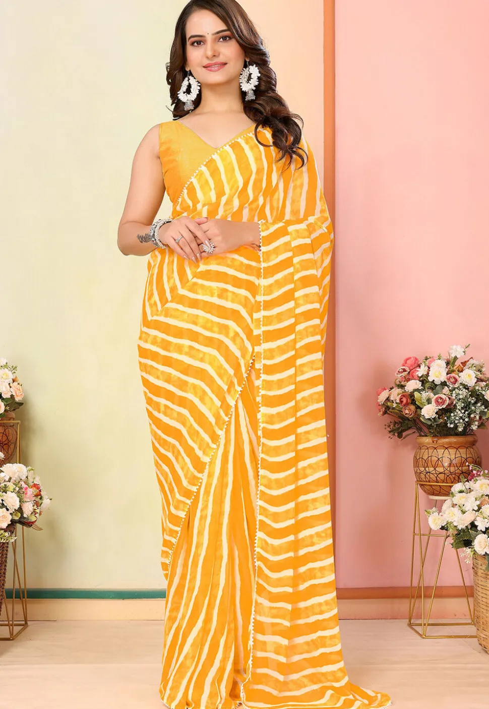Pre Stitched Georgette Saree in Yellow