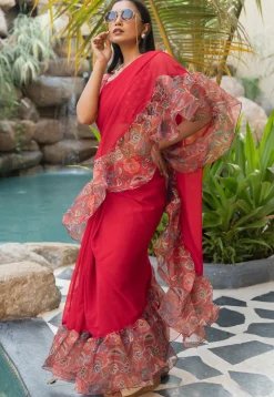 Pre Stitched Georgette Saree in Red