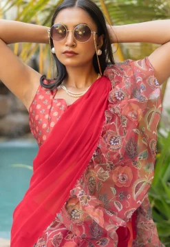 Pre Stitched Georgette Saree in Red