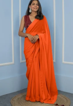 Pre Stitched Georgette Saree in Orange