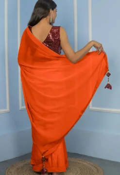 Pre Stitched Georgette Saree in Orange