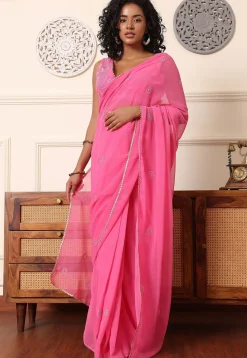 Pre Stitched Georgette Saree in Pink