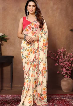 Pre Stitched Georgette Saree in Cream