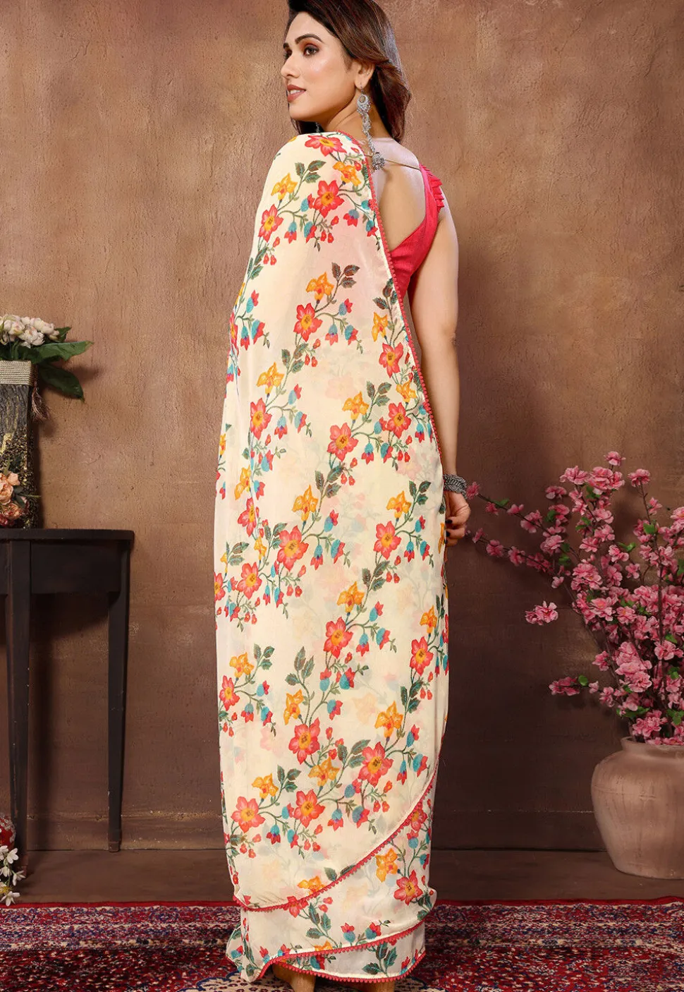 Pre Stitched Georgette Saree in Cream