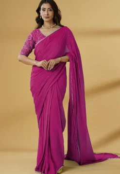 Pre Stitched Georgette Saree in Fuchsia
