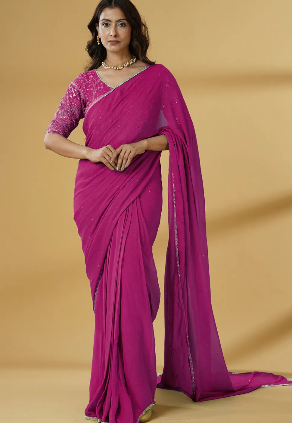 Pre Stitched Georgette Saree in Fuchsia