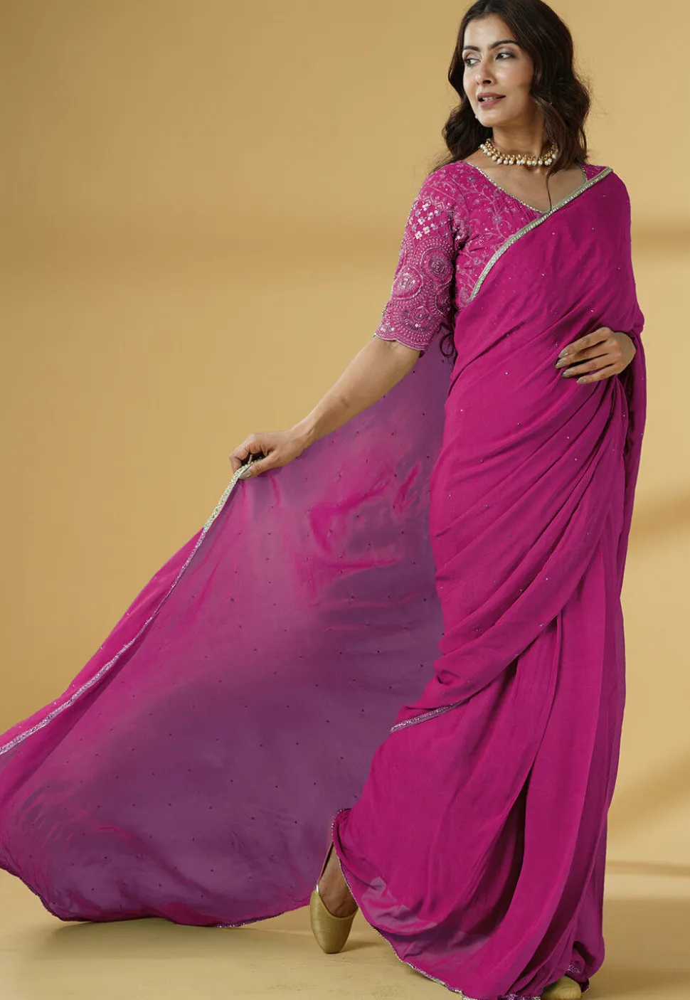Pre Stitched Georgette Saree in Fuchsia