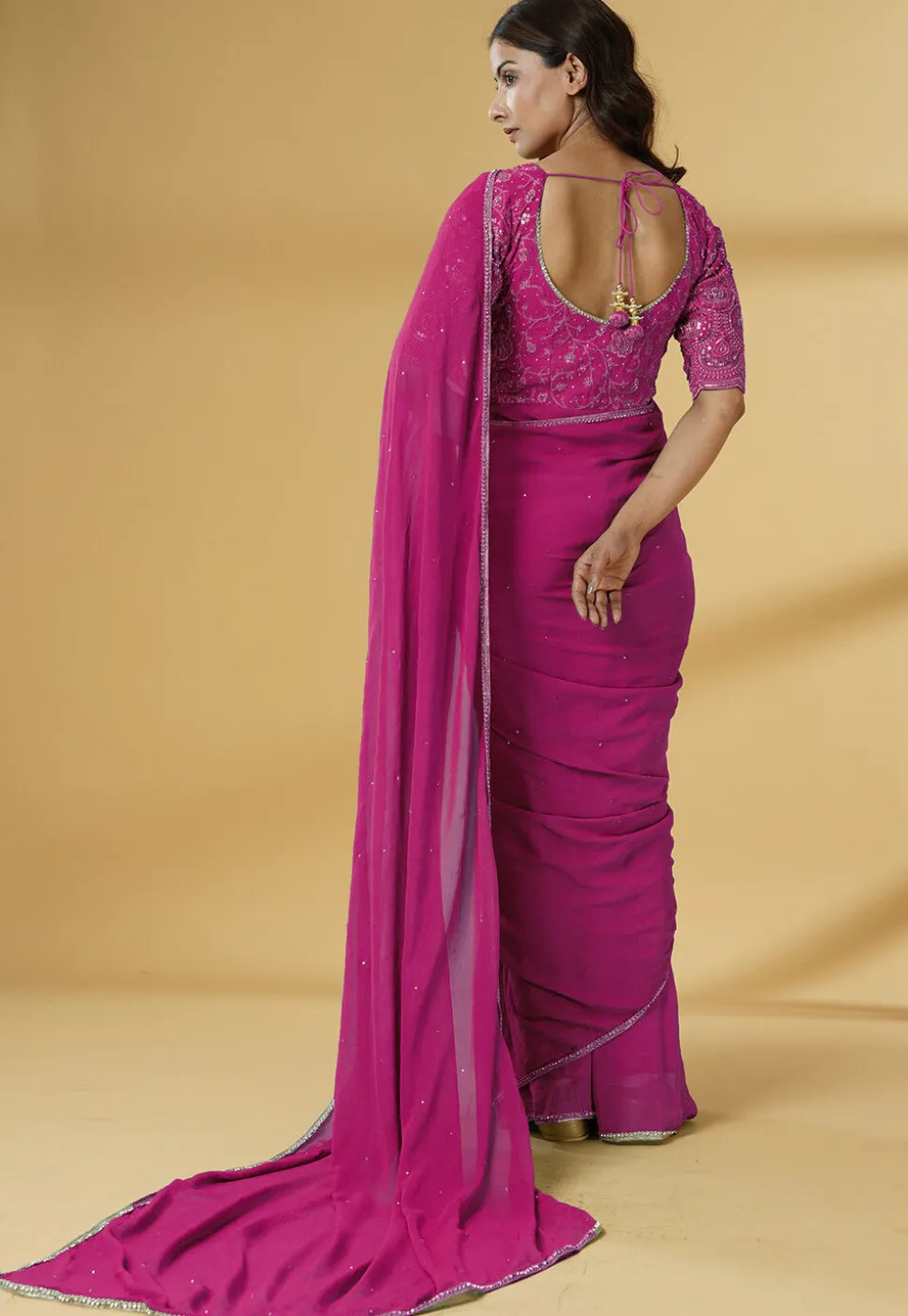 Pre Stitched Georgette Saree in Fuchsia