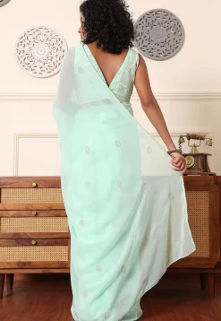 Pre Stitched Georgette Saree in Pastel Green