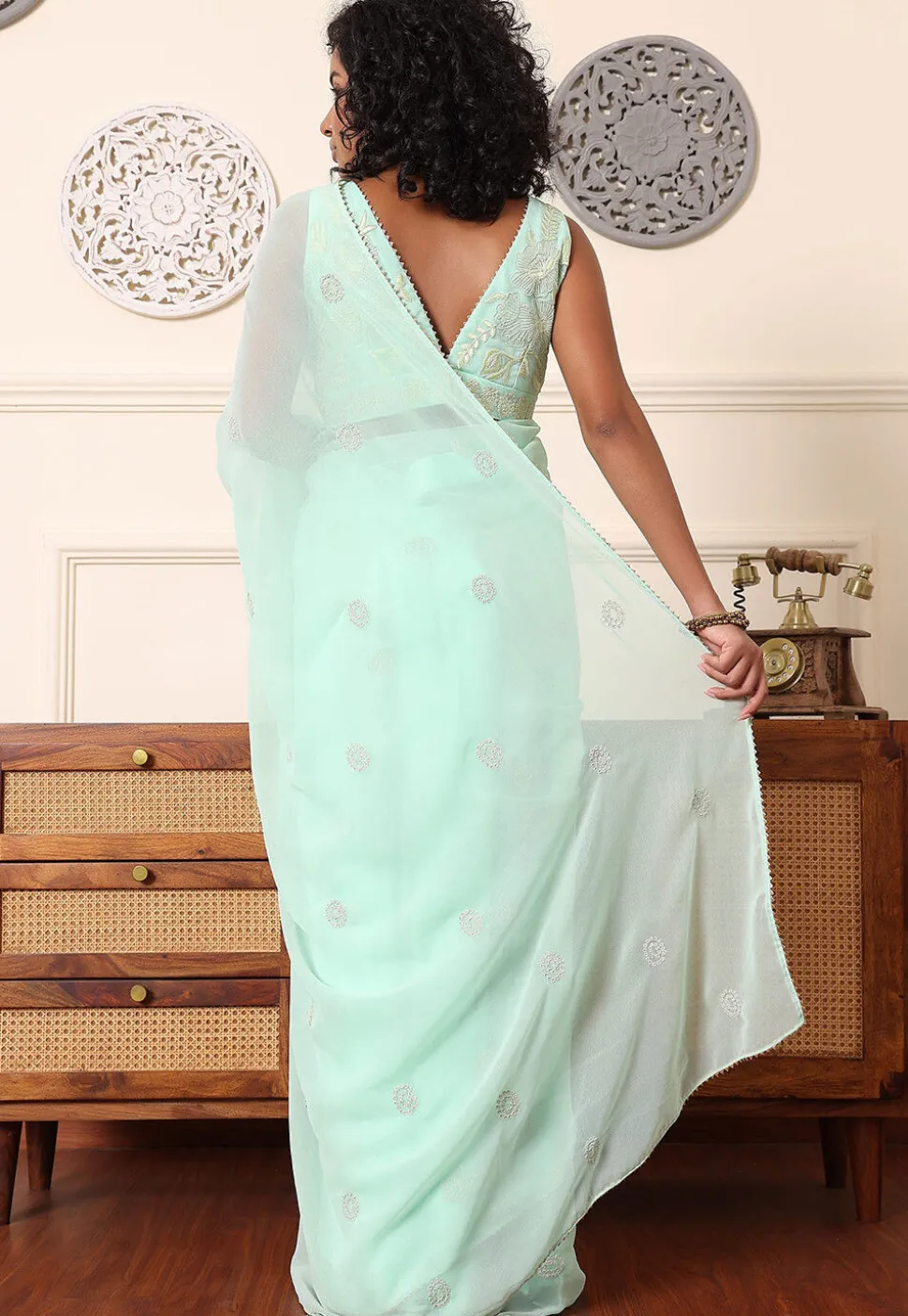 Pre Stitched Georgette Saree in Pastel Green