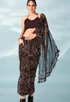 Pre Stitched Georgette Saree in Brown
