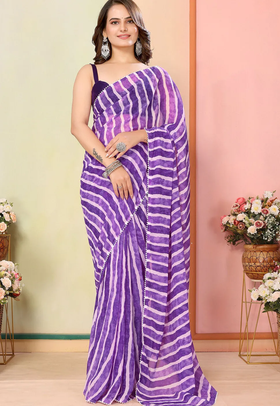 Pre Stitched Georgette Saree in Purple