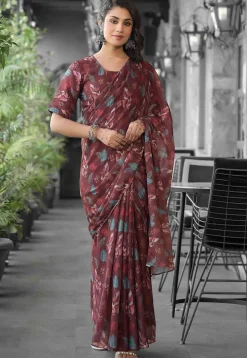 Pre Stitched Georgette Saree in Brown