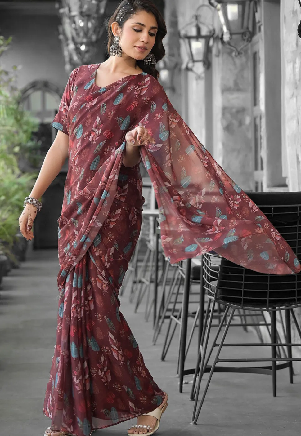 Pre Stitched Georgette Saree in Brown