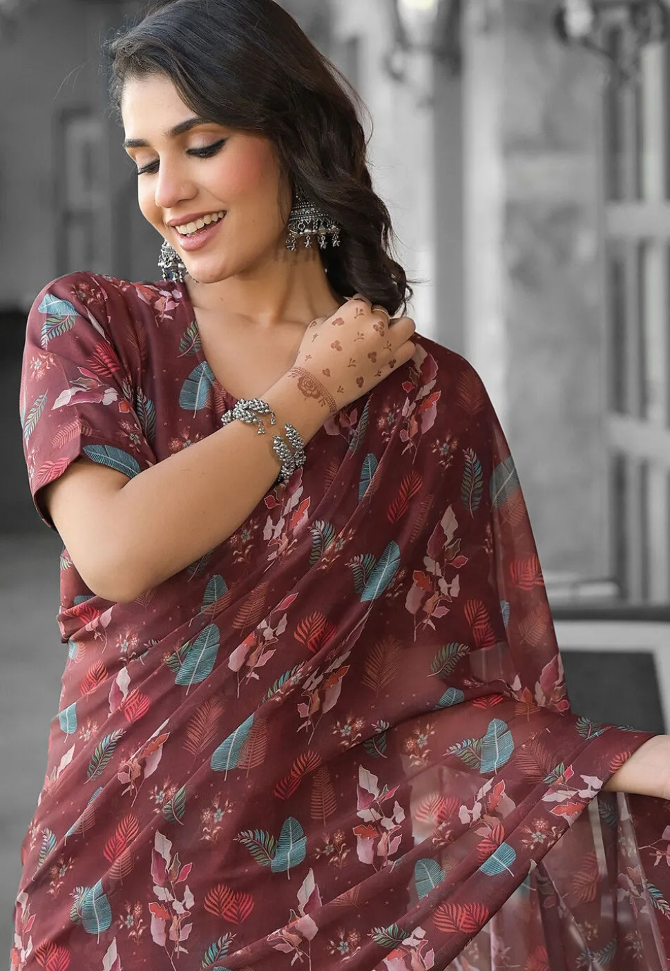 Pre Stitched Georgette Saree in Brown