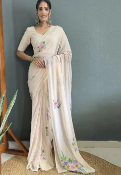 Pre Stitched Georgette Saree in Off White