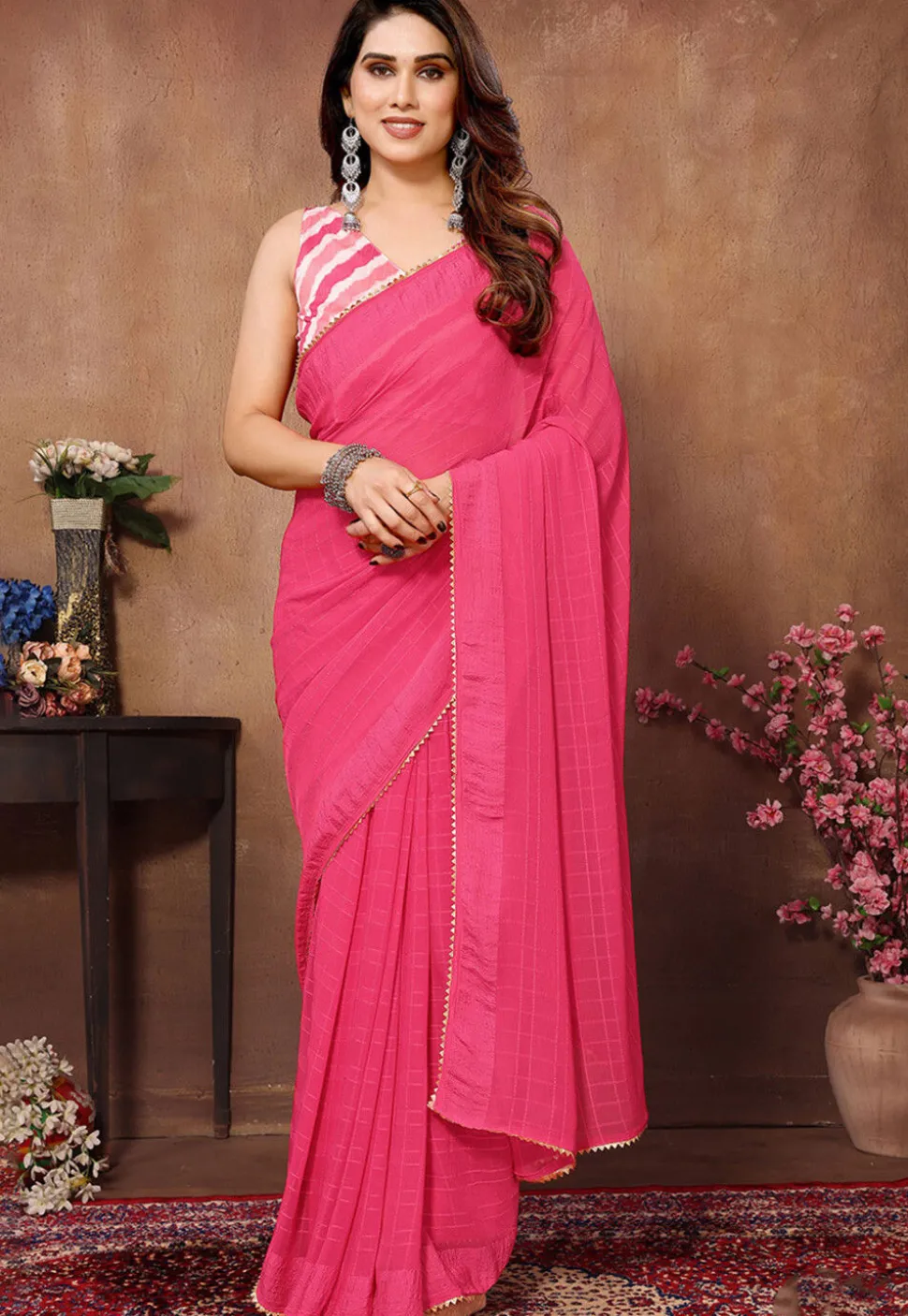 Pre Stitched Georgette Saree in Pink