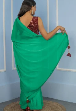 Pre Stitched Georgette Saree in Sea Green