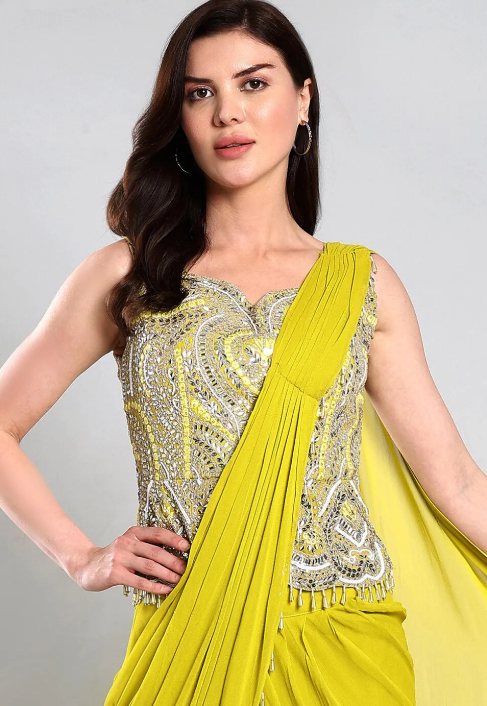 Pre Stitched Georgette Saree in Light Green