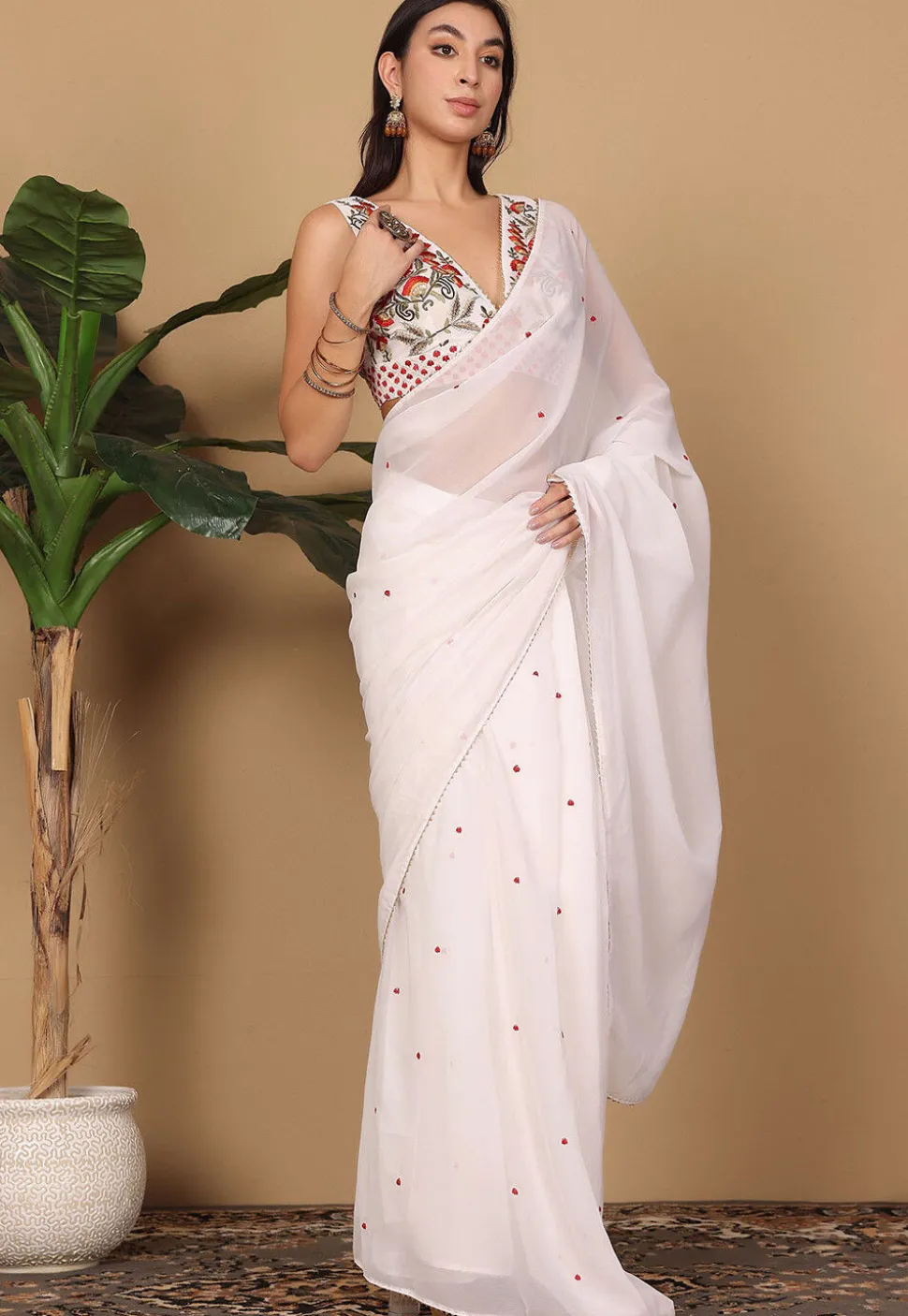 Pre Stitched Georgette Saree in White