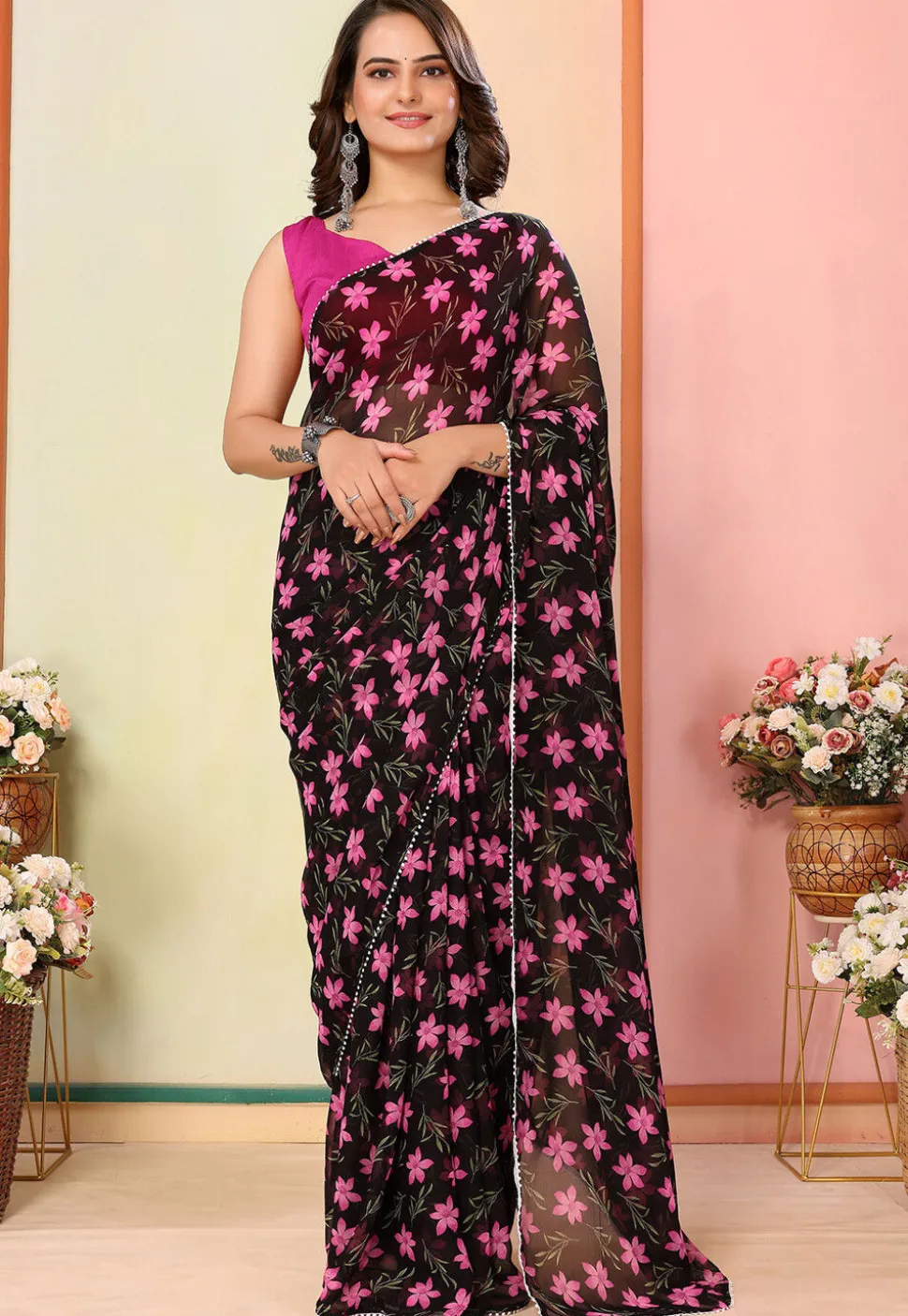 Pre Stitched Georgette Saree in Black