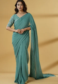 Pre Stitched Georgette Saree in Dusty Green