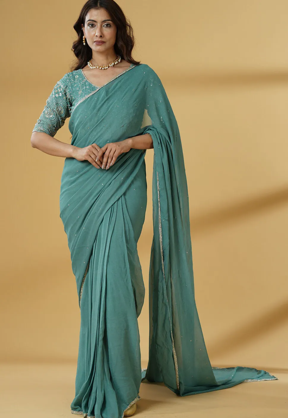 Pre Stitched Georgette Saree in Dusty Green