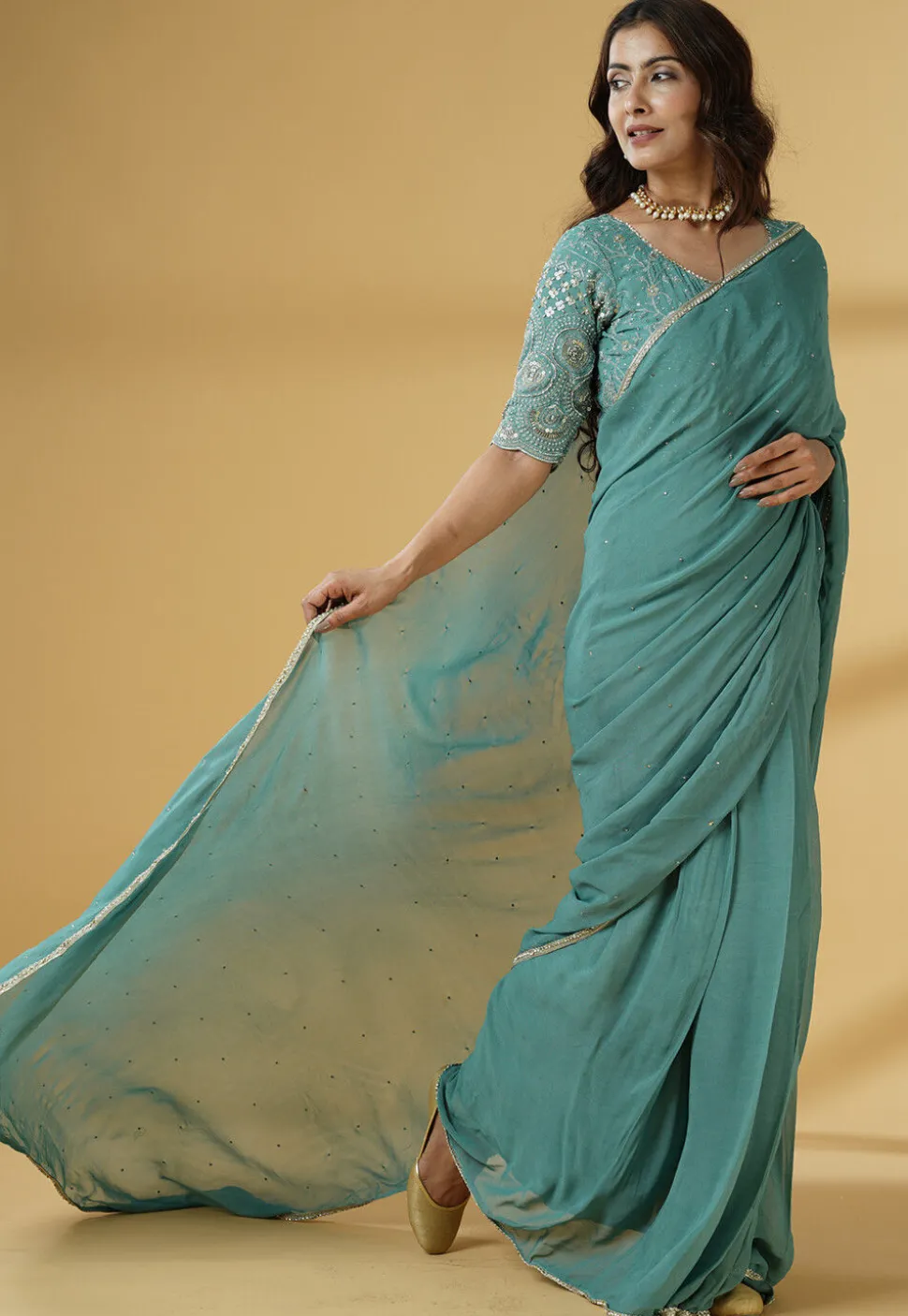 Pre Stitched Georgette Saree in Dusty Green
