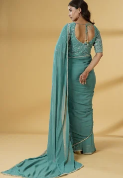 Pre Stitched Georgette Saree in Dusty Green
